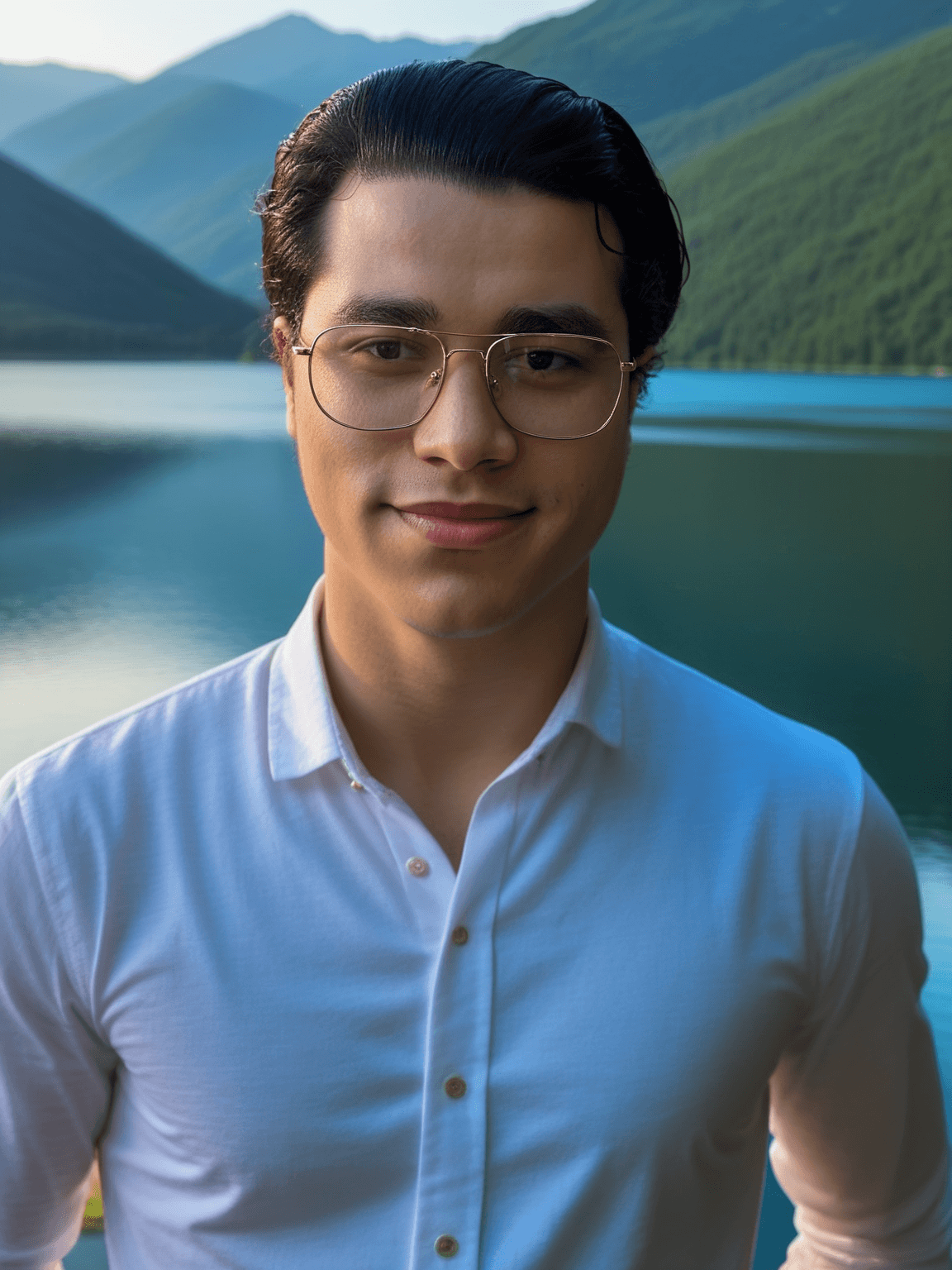 photo ia homme chemise blanche devant lac