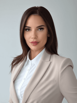 Portrait professionnel IA par PhotoMaintenant d'une femme en costume blanc devant un arriere plan blanc