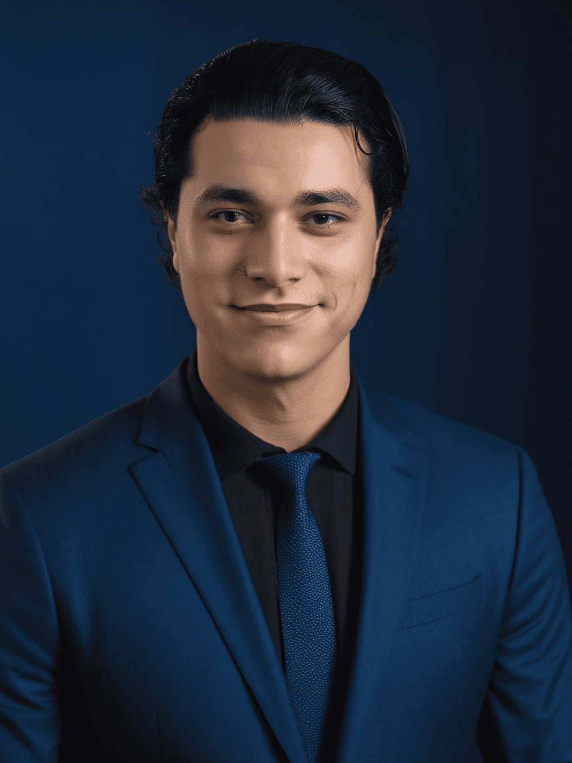 Photo professionnelle IA d'un homme en costume bleu foncé devant un fond bleu foncé