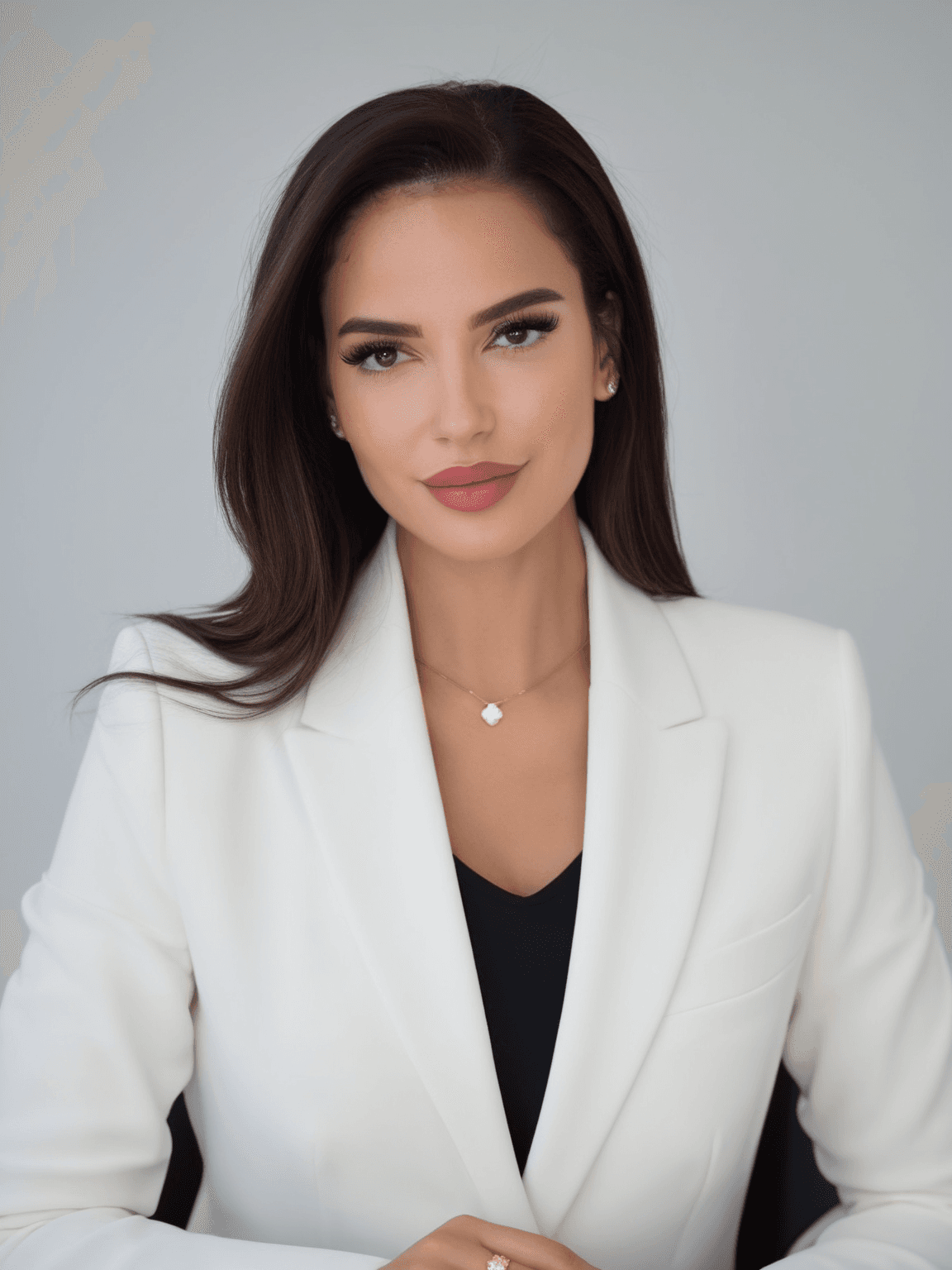 Photo pro IA d'une femme en tailleur blanc et chemise noir devant un fond blanc