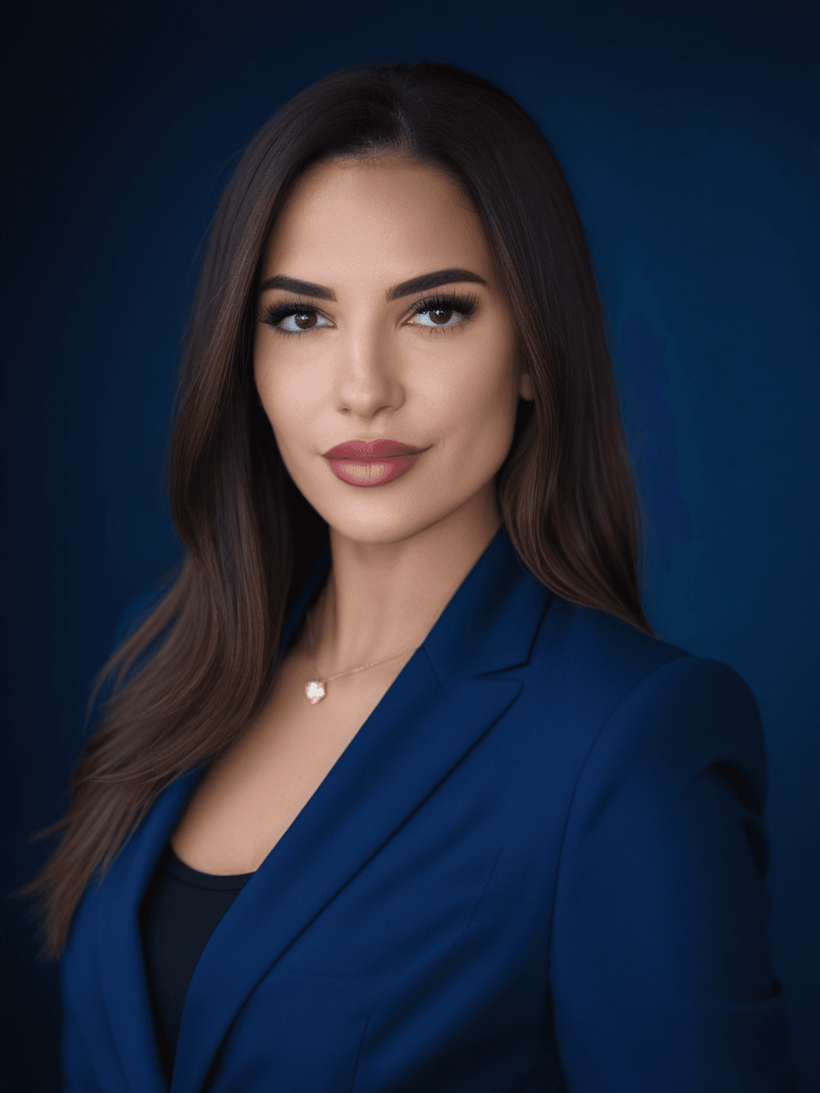 Photo professionnelle IA d'une femme en tailleur bleu foncé devant un fond bleu foncé