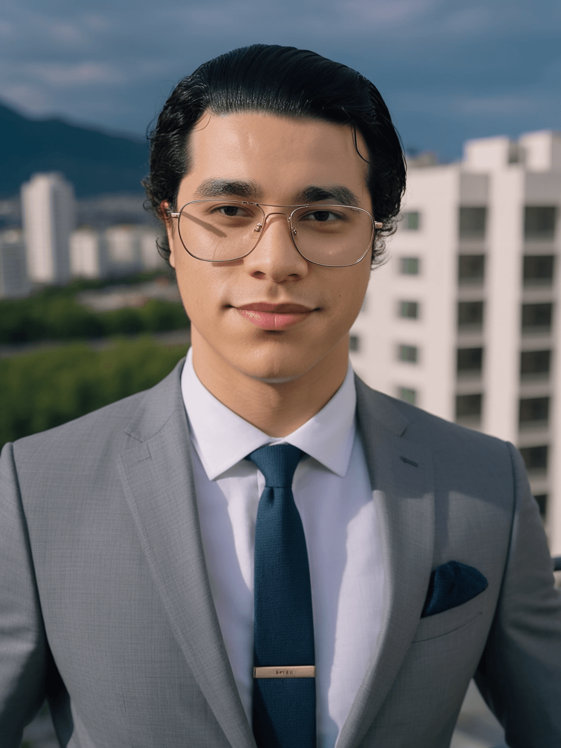 Photo professionnelle IA d'un homme en costume gris devant un arrière-plan montrant des immeubles